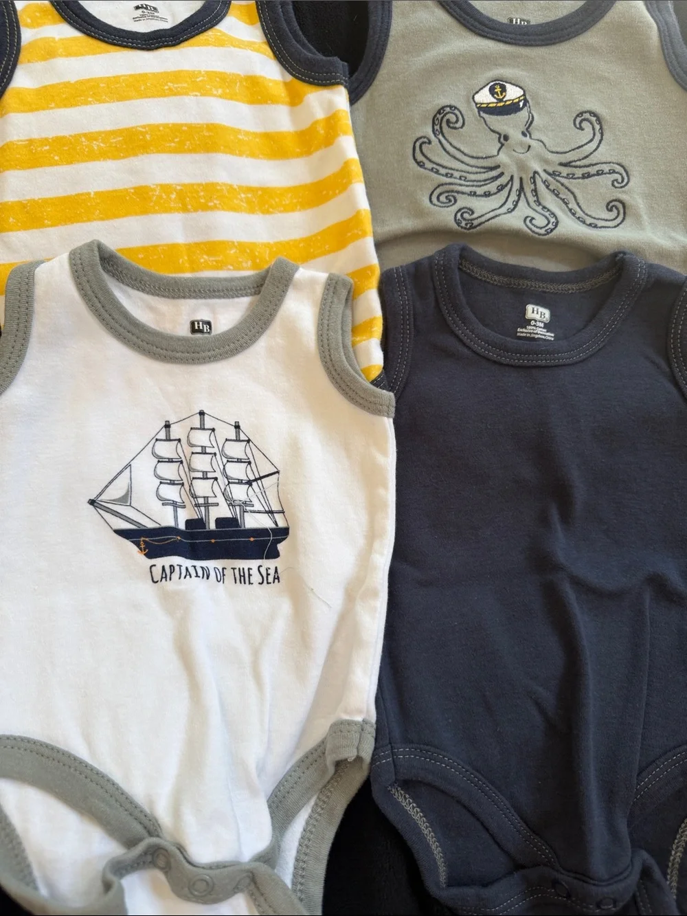 HB Navy, White, Yellow Baby One-Piece Bodysuit 4-Pack Tank-Tops